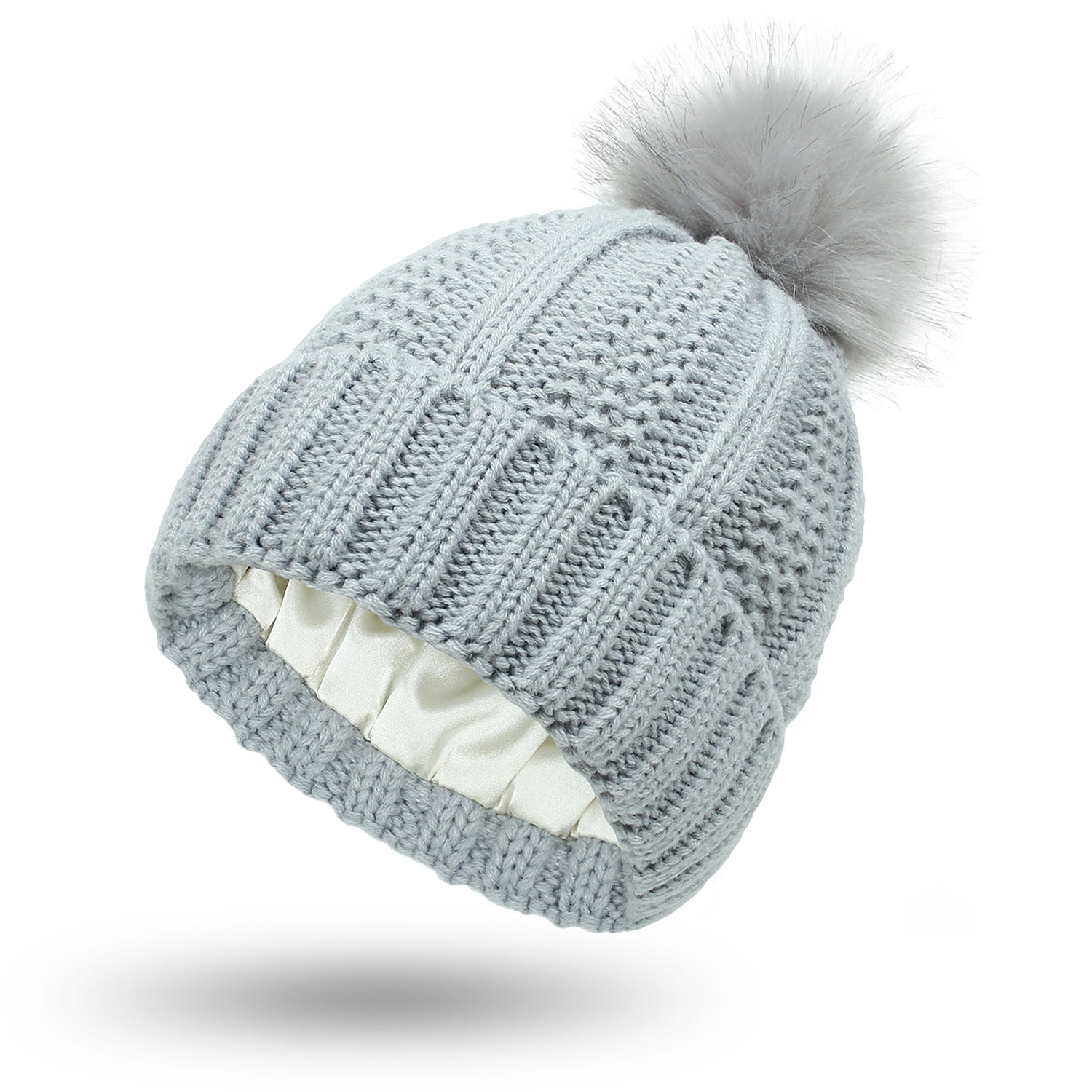 Winter Knitted Hats Fashion Stretchy Lined Skull Hats For Women Faux Fur Pom Pom Hat Keep Warming Beanie Hat